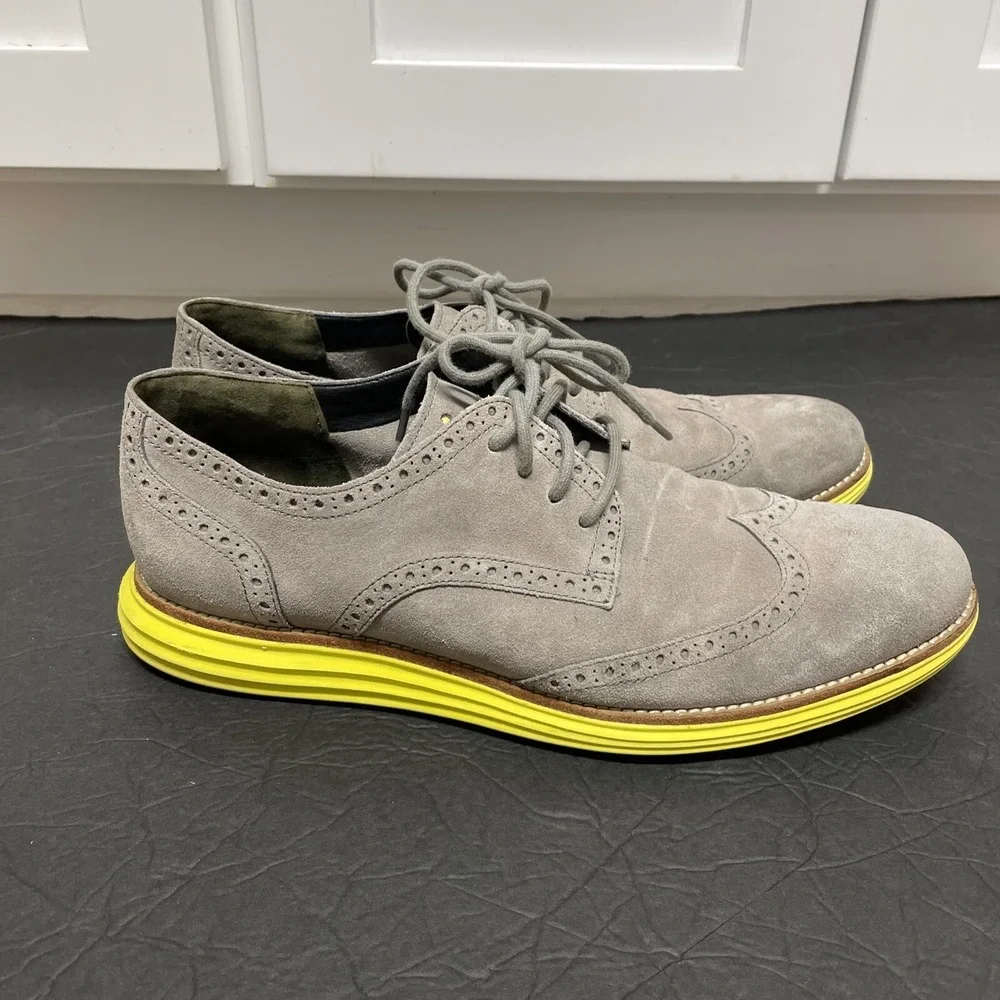 Cole Haan Preppy Lunargrand Lunarlon  Suede Gray Yellow Men Oxford Shoes Sz 12 M